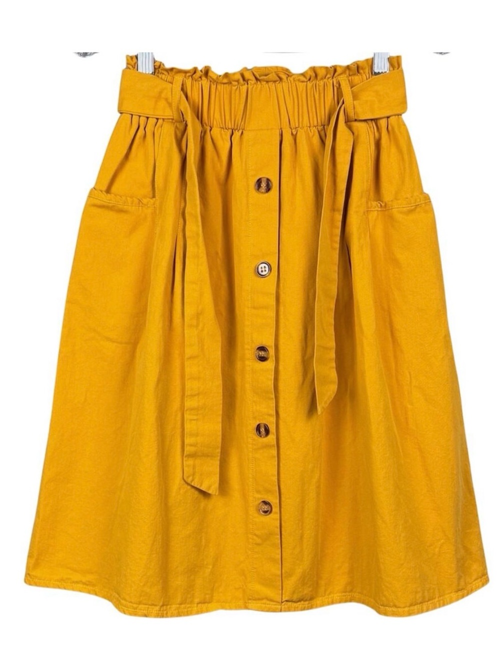 Mustard Yellow Button-Front Paperbag Waist Midi Skirt Pockets Size 4/6